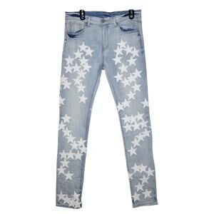 MNML White Star Appliqué Skinny Jeans 32x33 Light Wash Distressed Rock Punk